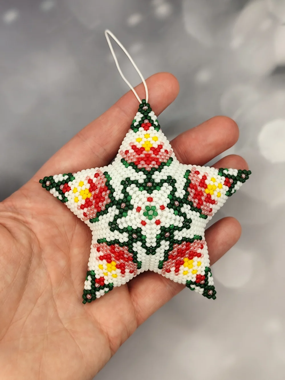 Handmade White Beaded Star Holiday Ornament with Red, Green & Yellow Accents